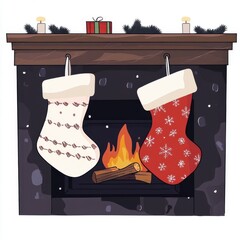 Festive fireplace with decorated stockings and a glowing fire, evoking a cozy holiday spirit.