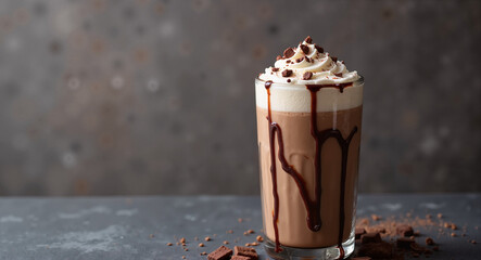 Delicious chocolate drink with whipped cream on dark background