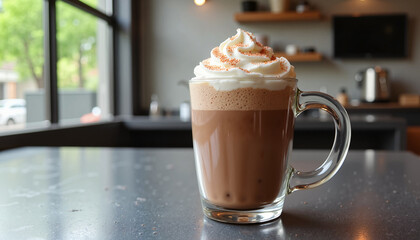 Delicious whipped coffee with cream in glass cup