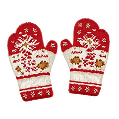 Pair of knitted christmas mittens on white background. Vector