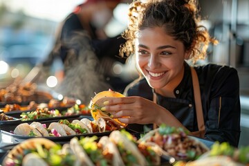 Close-up shot of a Hispanic woman chef preparing and sampling tacos at a food truck.