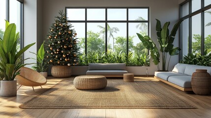 A cozy living room with a Christmas tree, plants, and large windows showcasing nature.
