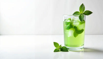Fresh green drink with mint leaves on white background