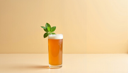 Refreshing beverage in a glass with mint leaf on a light background