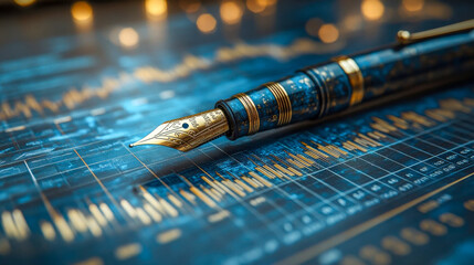 Luxurious fountain pen resting on a financial chart with glowing blue and gold highlights. Elegant and professional