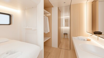 Modern minimalist interior of a stylish hotel room with warm wood finishes and soft lighting.
