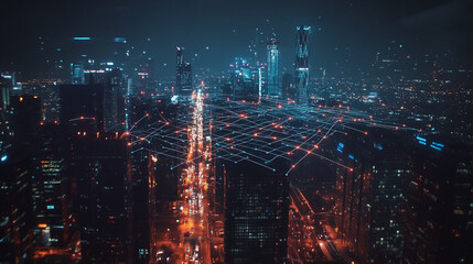 Fototapeta premium Smart digital Innovation city with connection network reciprocity over the cityscape. of future smart wireless digital city and social media networking systems that connects people with in city
