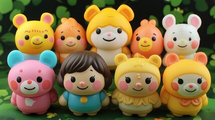 Colorful collection of cute animal figures and a character.