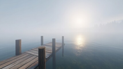 Fototapeta premium Serene Foggy Morning at Lake with Wooden Dock Under Soft Sunlight