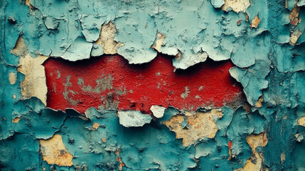 Obraz premium Close-up of peeling paint on an aged wall showing layers of vibrant colors and weathered textures