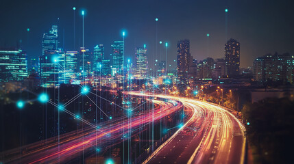 Obraz premium Smart digital Innovation city with connection network reciprocity over the cityscape. of future smart wireless digital city and social media networking systems that connects people with in city