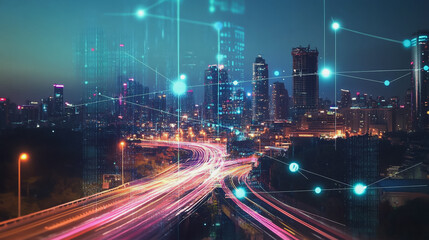 Fototapeta premium Smart digital Innovation city with connection network reciprocity over the cityscape. of future smart wireless digital city and social media networking systems that connects people with in city