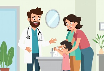 A doctor  a mother  and a child are in a hospital room.