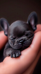 
Capture a close-up shot with a shallow depth of field, showcasing a tiny, finger-sized french bulldog resting gently on human fingers. Emphasize fine textures, with soft shadows 