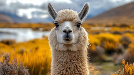 Obraz premium Close-up portrait of a fluffy white alpaca staring directly at the camera, set against a backdrop of yellow-gold grasses and a tranquil mountain river.