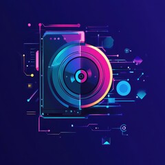 Fototapeta premium A vibrant digital illustration of a smartphone camera lens, with colorful geometric shapes and circuits in a modern design.