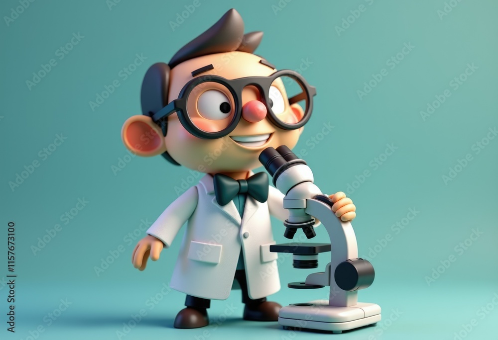Poster a cartoon scientist in a lab coat smiles and holds a microscope.