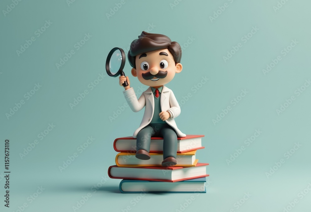 Poster A cartoon scientist sits on a stack of books  holding a magnifying glass.