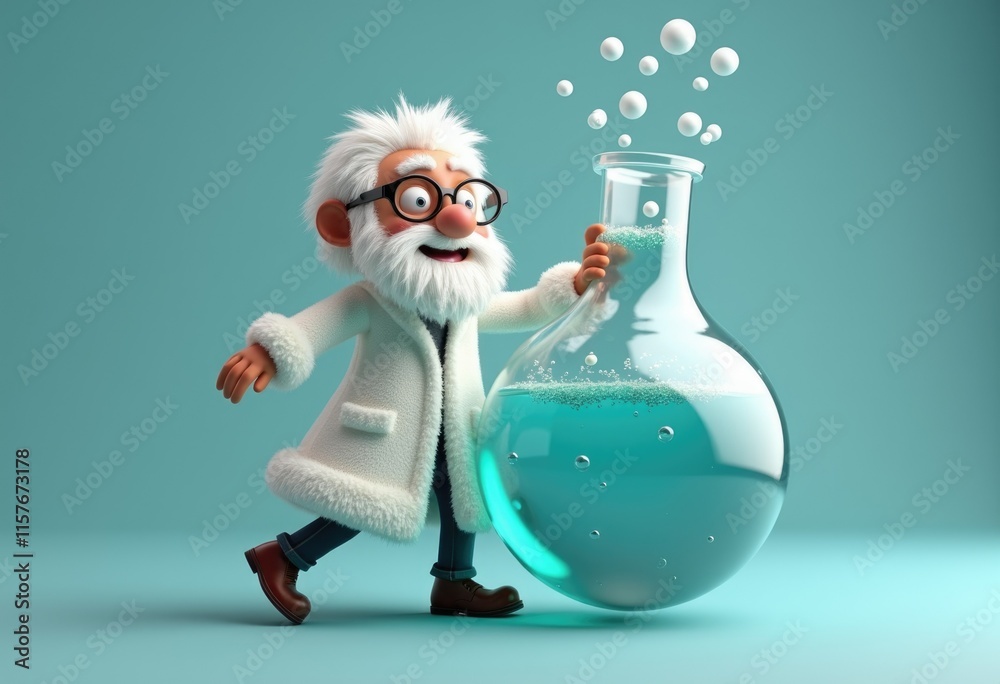 Poster a cartoon scientist in a white lab coat holds a large beaker filled with a bubbling blue liquid.