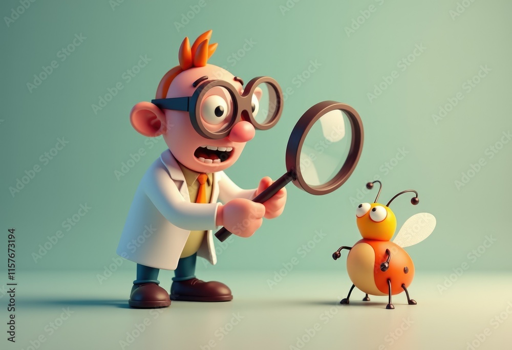 Poster a cartoon scientist examines a ladybug with a magnifying glass.