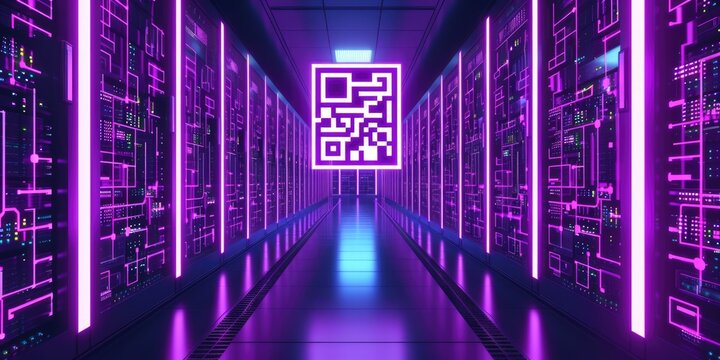 Neon QR Code in Violet Server Room - Digital Technology Concept - Powered by Adobe