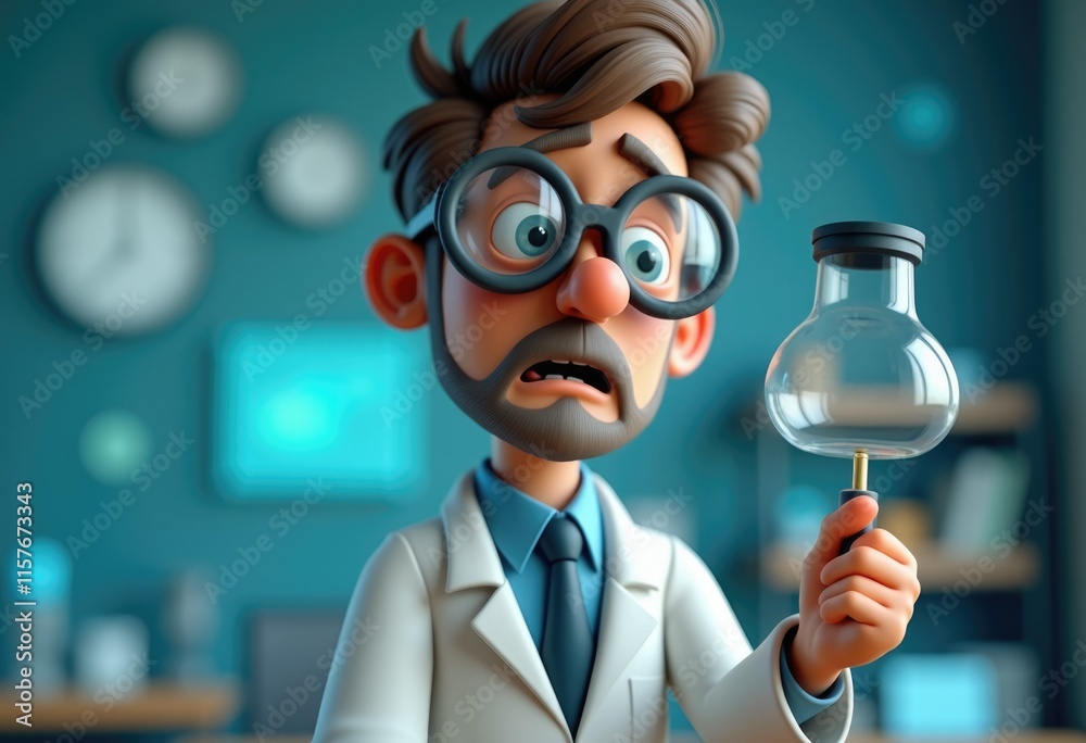 Poster a cartoon scientist in a lab coat looks at a glass bulb with a worried expression.