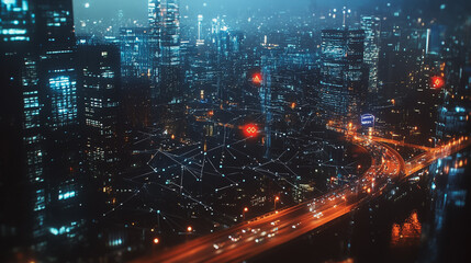 Fototapeta premium Smart digital Innovation city with connection network reciprocity over the cityscape. of future smart wireless digital city and social media networking systems that connects people with in city