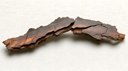 Close-up of a fragment of dark brown, cracked bark. The bark is layered and shows signs of age and weathering. It's isolated on a white background.