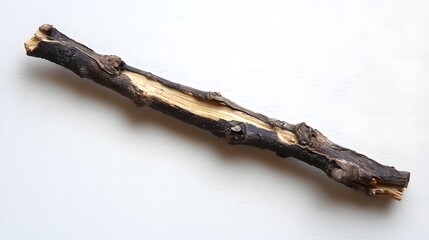 Fototapeta premium A partially split, dark brown branch with light wood showing inside, lies diagonally on a white background. The branch shows signs of age and weathering.
