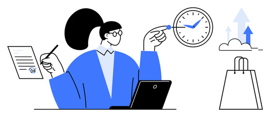 Woman with laptop holding clock, pointing pen at document, shopping bag, growth chart, clouds. Ideal for business planning, time management, productivity, e-commerce goal setting project