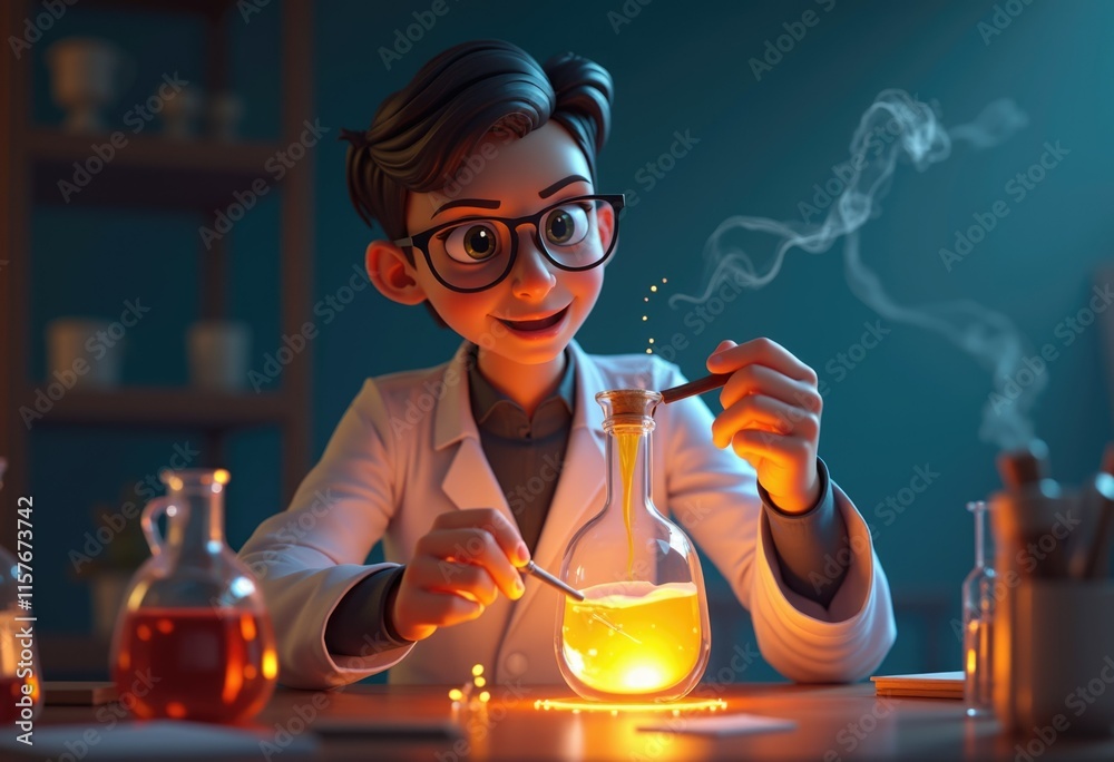 Poster a cartoon scientist conducts an experiment with a glowing liquid.