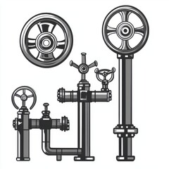 Obraz premium Illustration of industrial valves and wheel controls in monochrome design.