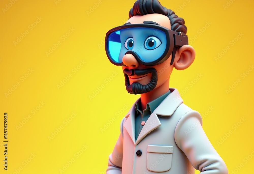 Poster a cartoon scientist with a goatee wearing a lab coat and goggles smiles.