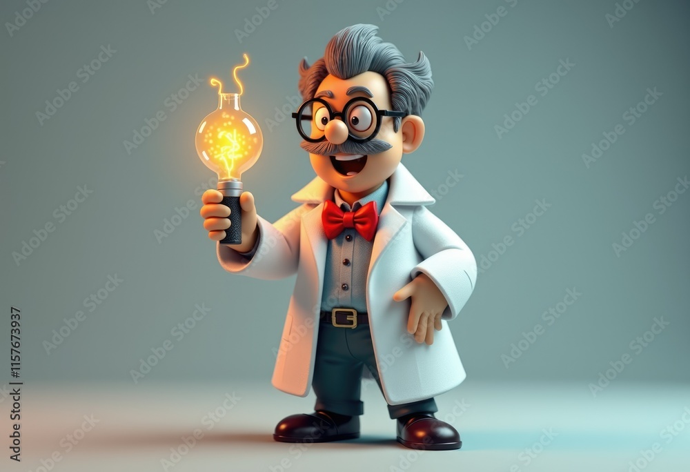 Poster a cartoon scientist holds a glowing lightbulb symbolizing a new idea.
