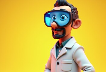 A cartoon scientist with a goatee  wearing a lab coat and goggles  smiles.