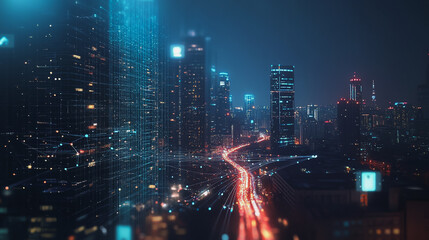 Fototapeta premium Smart digital Innovation city with connection network reciprocity over the cityscape. of future smart wireless digital city and social media networking systems that connects people with in city