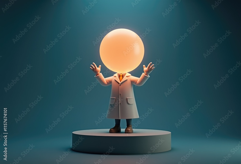 Poster A 3D cartoon character with a glowing head wearing a lab coat and standing on a platform.
