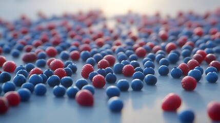 Fototapeta premium Close-up of scattered blueberries and raspberries on a light blue surface. Soft sunlight illuminates the juicy berries, creating a vibrant and appetizing scene.