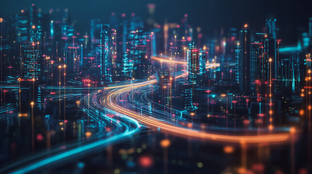 Smart digital Innovation city with connection network reciprocity over the cityscape. of future smart wireless digital city and social media networking systems that connects people with in city