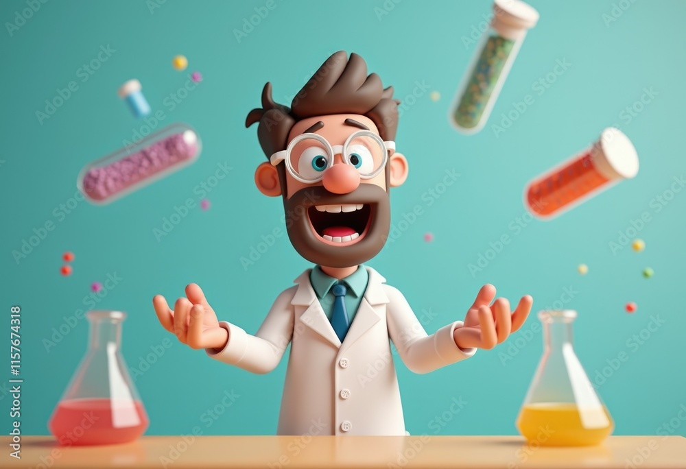 Poster A cartoon scientist in a lab coat with a surprised expression
