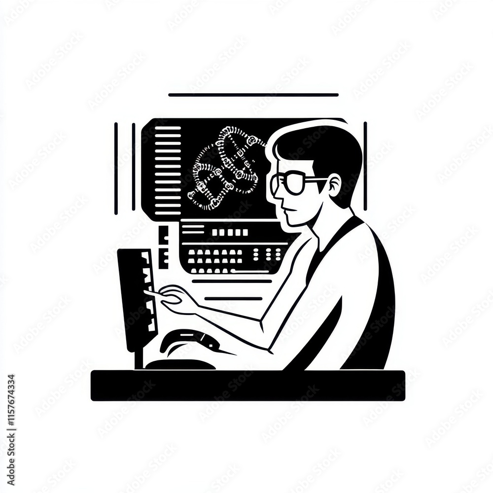 Poster a focused male scientist with glasses working on computer programming in a modern setting.