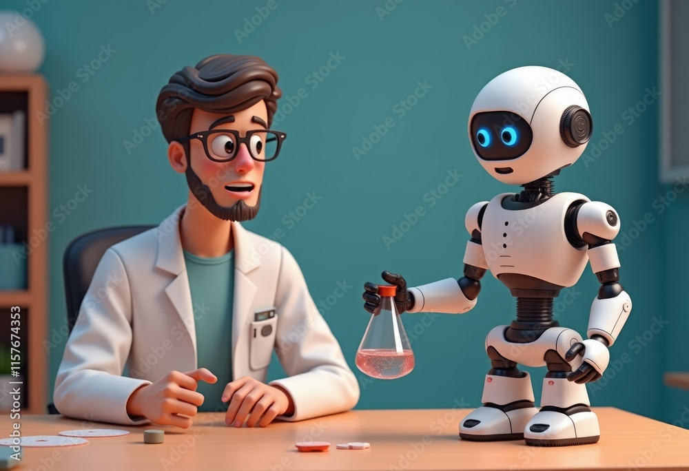 Aufkleber a cartoon scientist and robot collaborate in a lab setting.