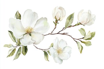 Obraz premium Delicate watercolor illustration of white flowers blooming on a slender branch, ideal for use in wedding invitations, greeting cards, and other floral designs