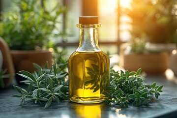 A bottle of olive oil sits on a wooden table, perfect for use in kitchen or as a decorative item