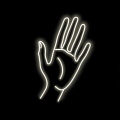 Obraz premium A glowing white neon outline of a human hand against a black background, symbolizing warmth and connection.