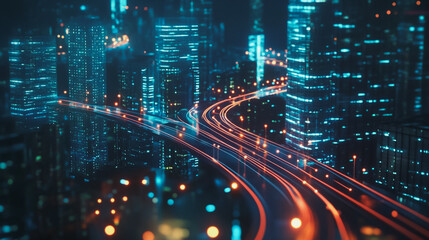 Obraz premium Smart digital Innovation city with connection network reciprocity over the cityscape. of future smart wireless digital city and social media networking systems that connects people with in city