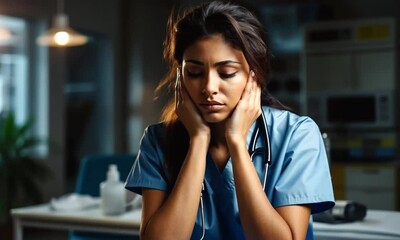 Nurse in scrubs expresses deep exhaustion in a quiet hospital room at night