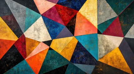 Abstract painting with vibrant geometric shapes in various colors, including blue, red, yellow, orange, teal, black, white, and gray, creating a dynamic and textured composition