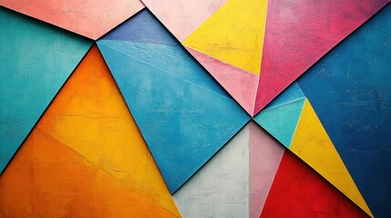 Fototapeta premium Abstract geometric composition with overlapping triangles and quadrilaterals in vibrant shades of blue, yellow, orange, red, and pink, with a slightly rough texture