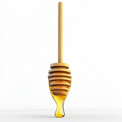 A wooden honey dipper dripping golden honey against a minimalist white background.